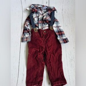 Carter’s 9m Set Plaid Button Down Shirt Corduroy Suspenders Maroon